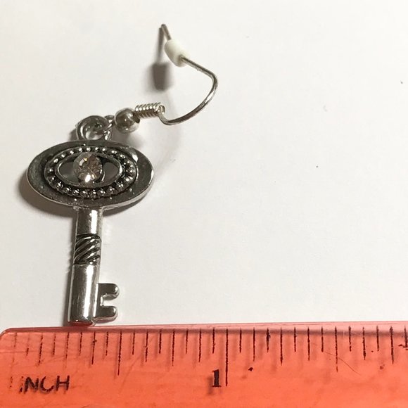 Key Earrings Silver Tone Plated Crystal Padlock Lock Steampunk Vintage Style - Picture 9 of 9